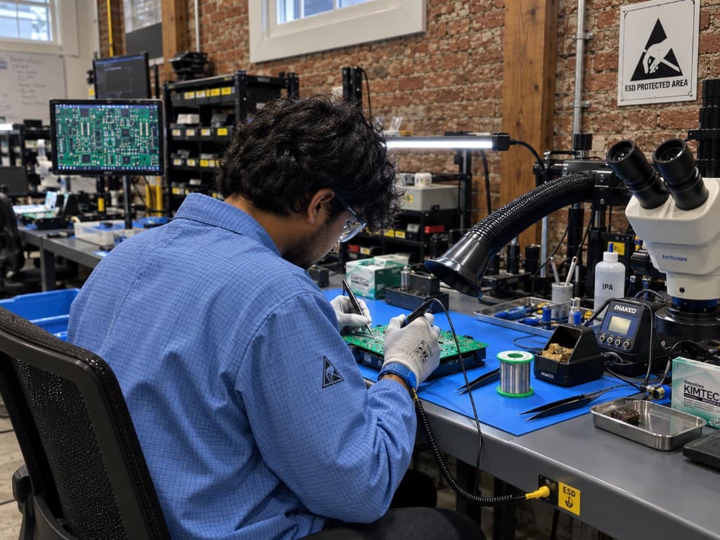 Soldering a board at the Axal shop in San Francisco