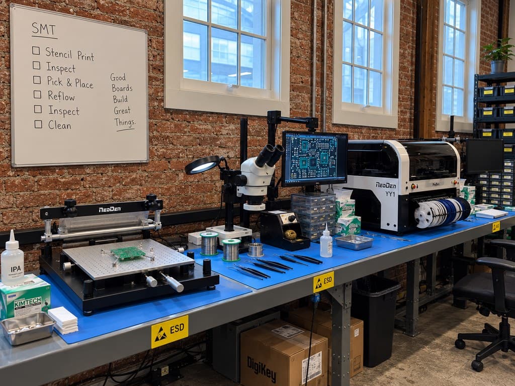 Stencil printer and pick-and-place line at the Axal shop in San Francisco